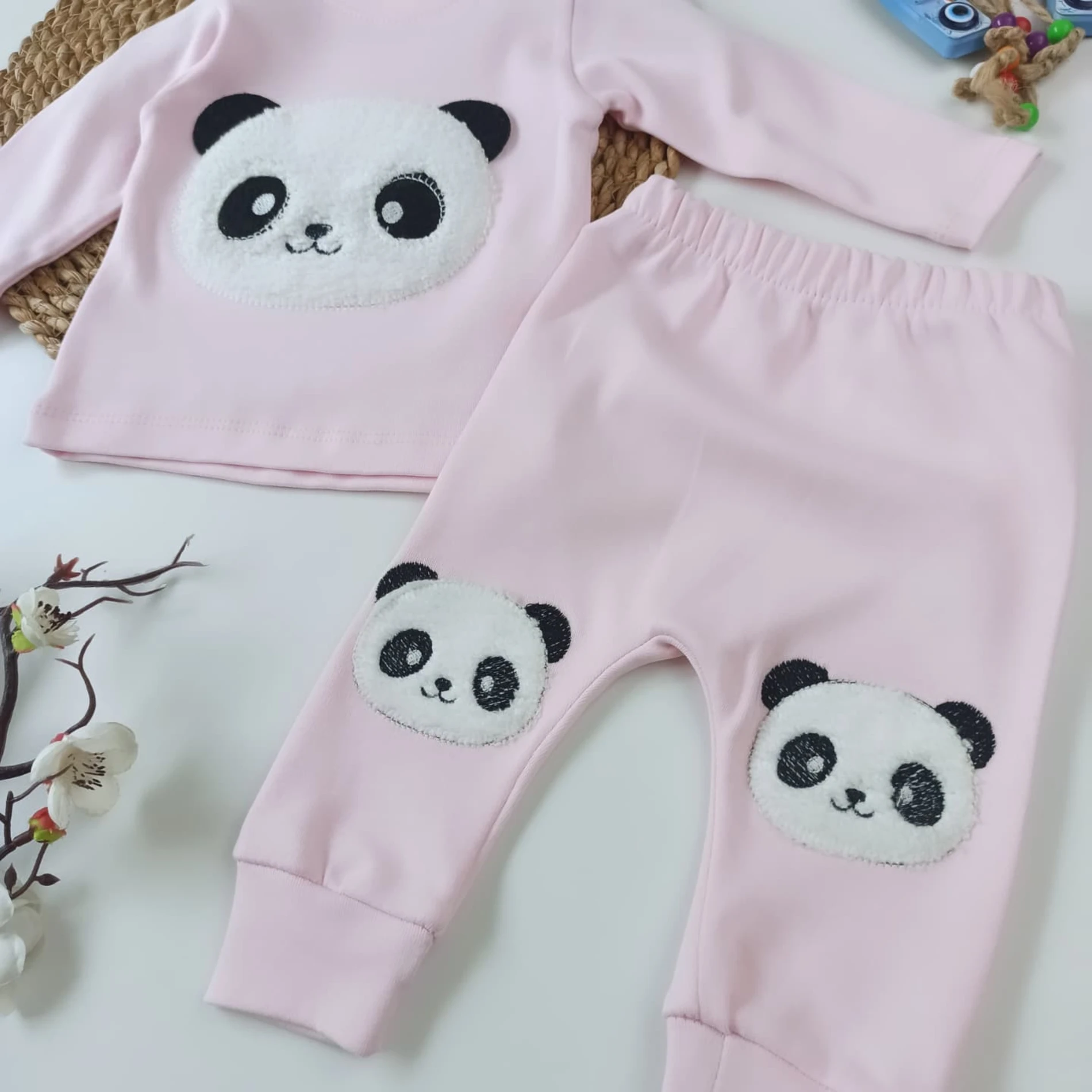 BEBEK 3-9 AY PANDA NAKIŞLI 2 Lİ TAKIM PEMBE
