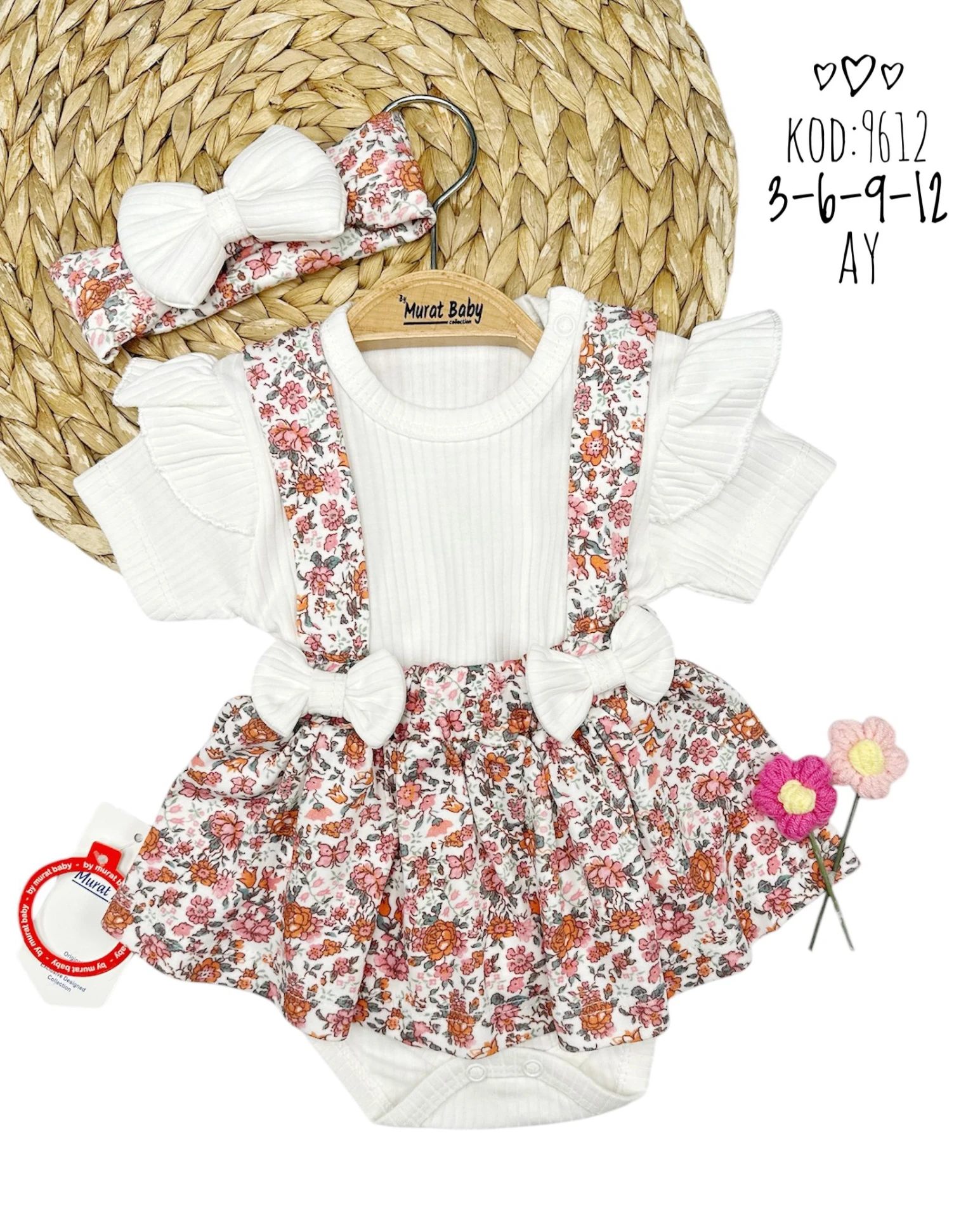 Bebek 3-12 Ay Çiçek Baskılı Çıtçıtlı Body li Salopet Takımı 