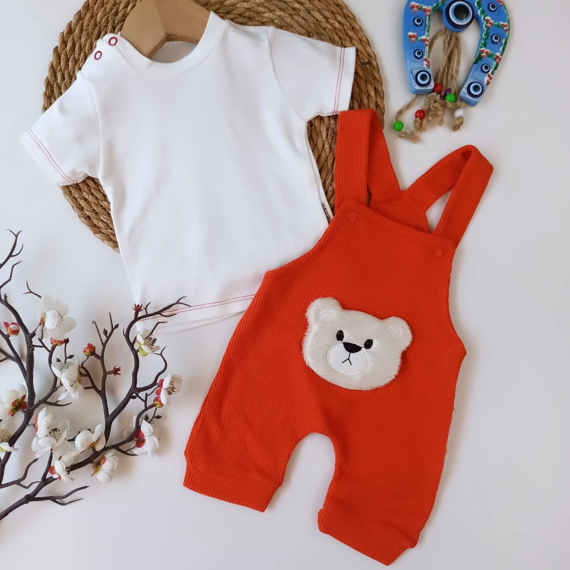 Bebek 3-9 Ay 3D Ayıcık Detaylı Kısa Kol Thsrt lü Salopet Takımı 