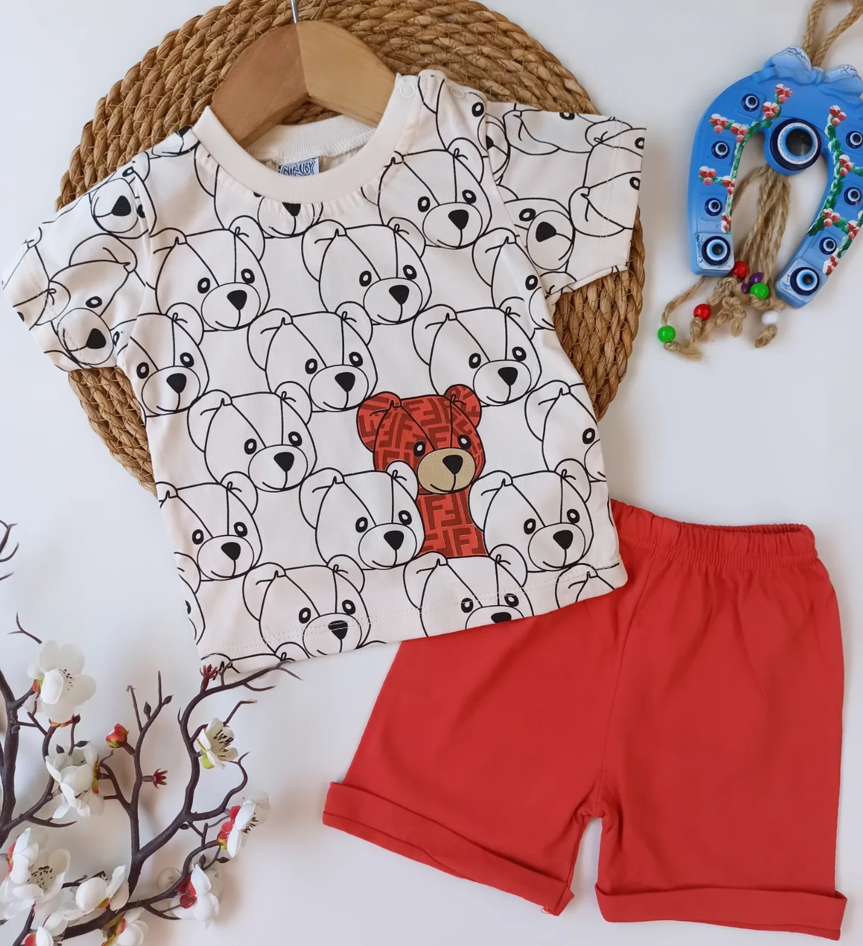 Bebek 9-18 Ay Bear Baskılı Kısa Kol Thsrt lü 2li Takımı 