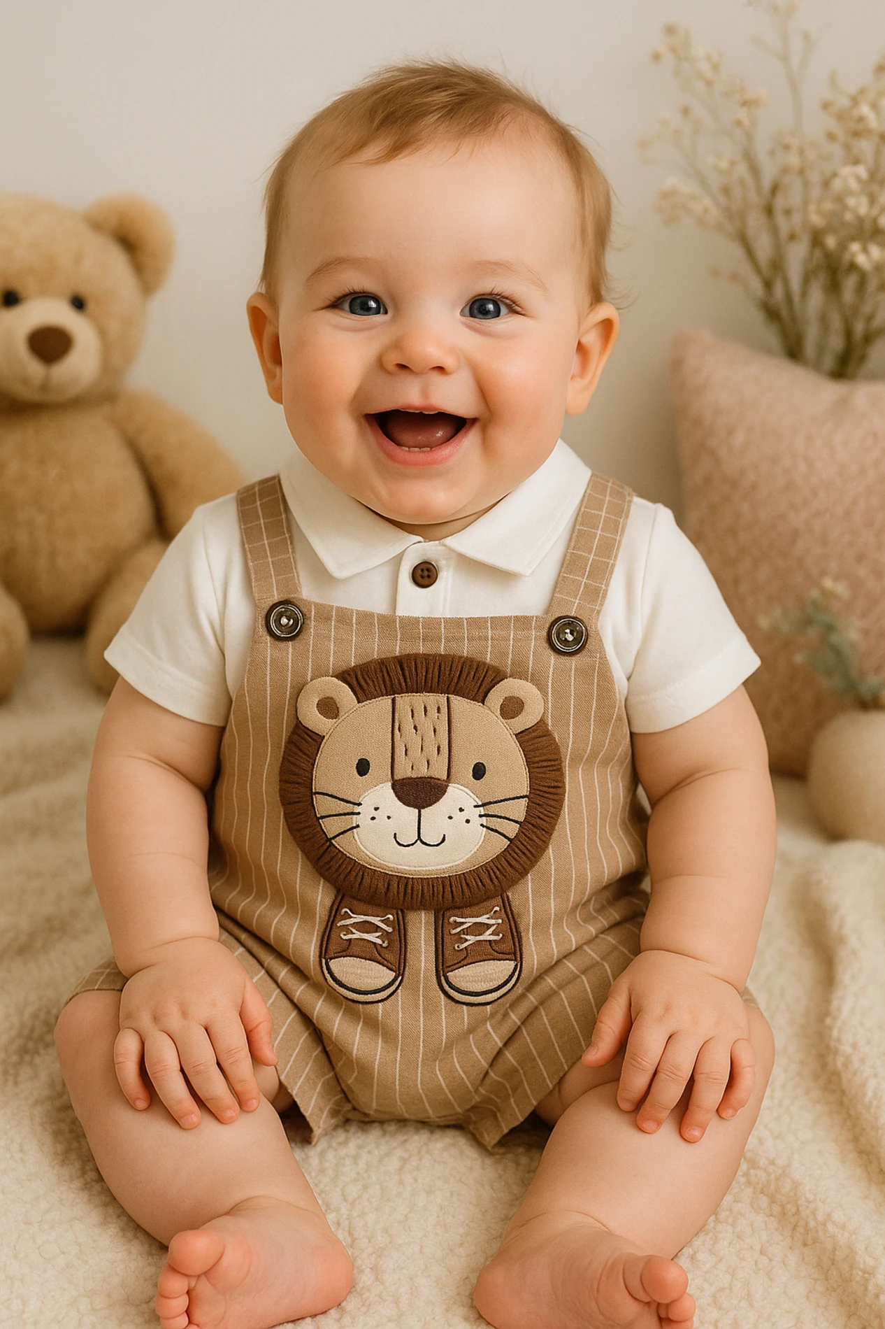Bebek 6-24 Ay 3D Aslan Detaylı Düğmeli Thsrt lü Salopet Takımı 